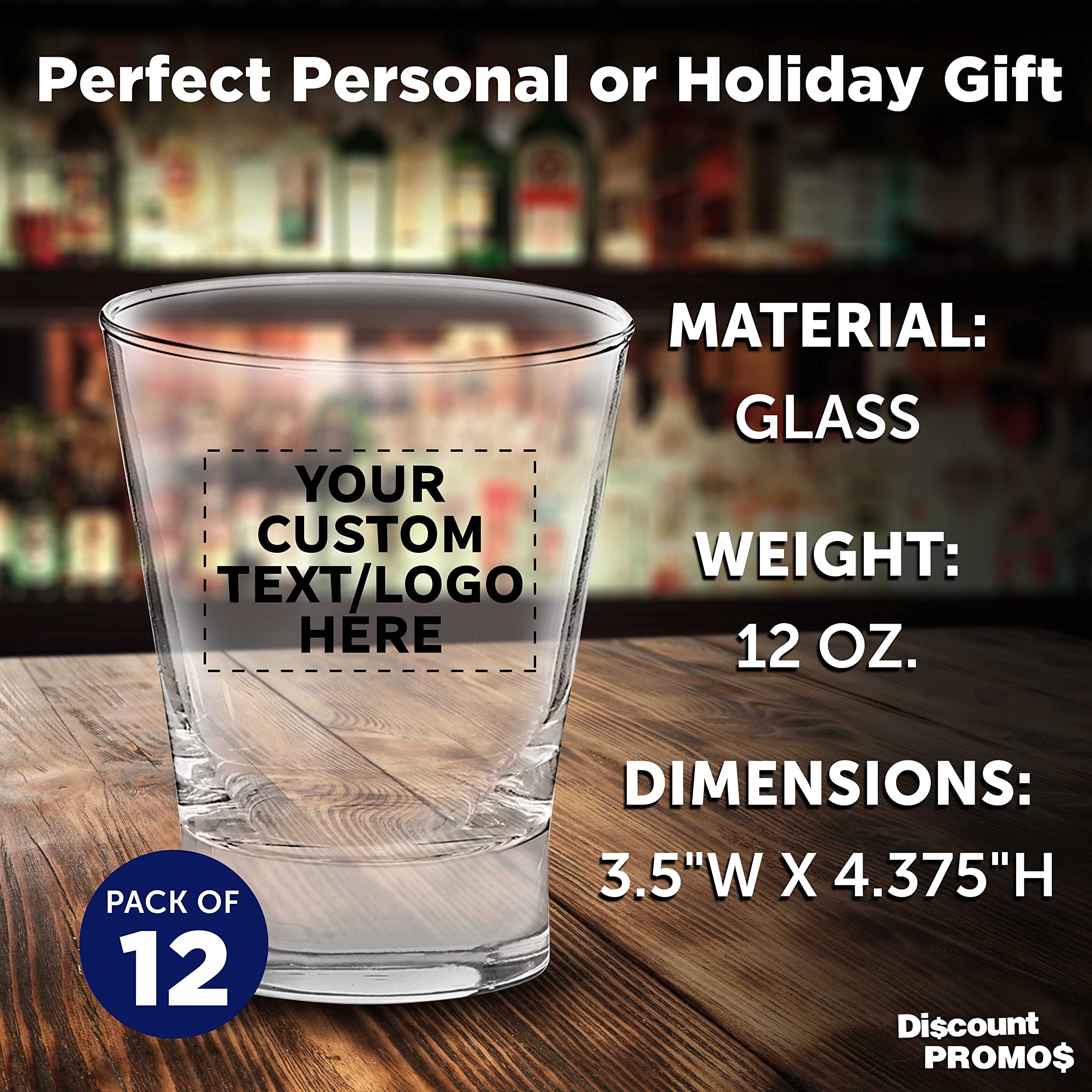 Custom Logo Whiskey Glasses 12 oz. Set of 12, Personalized Bulk Pack - Perfect for Scotch, Bourbon, Whiskey, Cocktail- Clear