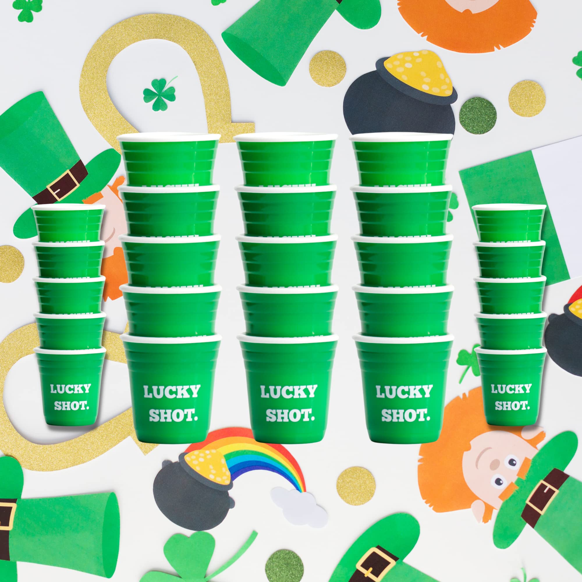 Tipsy Umbrella "LUCKY SHOT St. Patrick’s Party Favor Shot Glass Set - (Set of 5) Reusable Hard Plastic Party Cup Shot Glasses (Green)