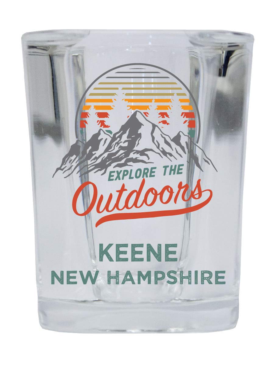 R and R Imports Keene New Hampshire Explore the Outdoors Souvenir 2 Ounce Square Base Liquor Shot Glass