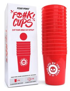 fear pong: f@#kcups – add-on for beer pong games – 14 reusable red cups + 12 extra dares – the perfect accessory for parties and game night
