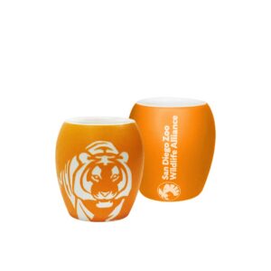 san diego zoo tiger etched shot glass, 1.5 oz sherbet orange stoneware shot glass, etched with bright white tiger design