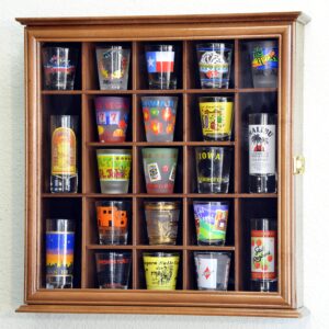 21 Shot Glass Shotglass Shooter Display Case Holder Cabinet Wall Rack 98% UV Lockable -Walnut