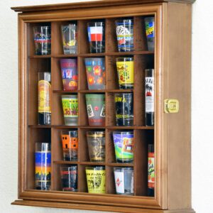 21 Shot Glass Shotglass Shooter Display Case Holder Cabinet Wall Rack 98% UV Lockable -Walnut