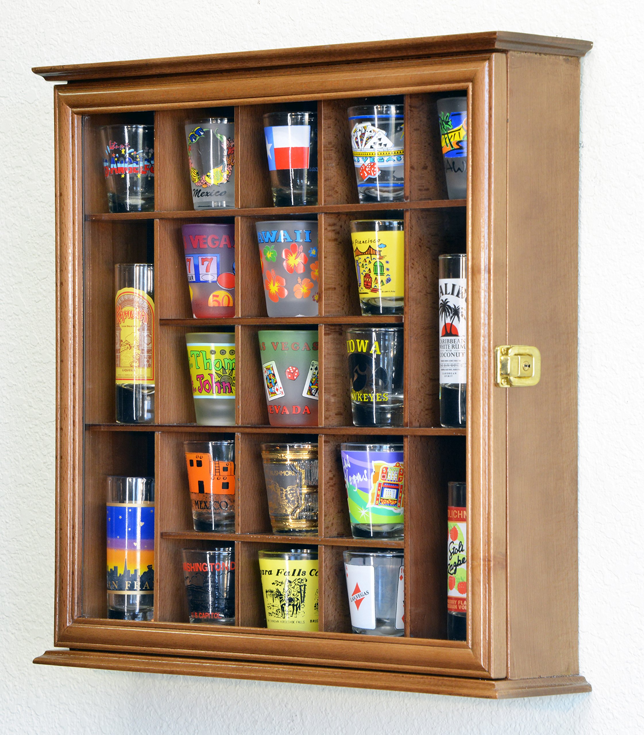 21 Shot Glass Shotglass Shooter Display Case Holder Cabinet Wall Rack 98% UV Lockable -Walnut