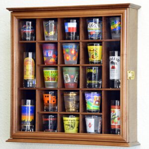 21 Shot Glass Shotglass Shooter Display Case Holder Cabinet Wall Rack 98% UV Lockable -Walnut