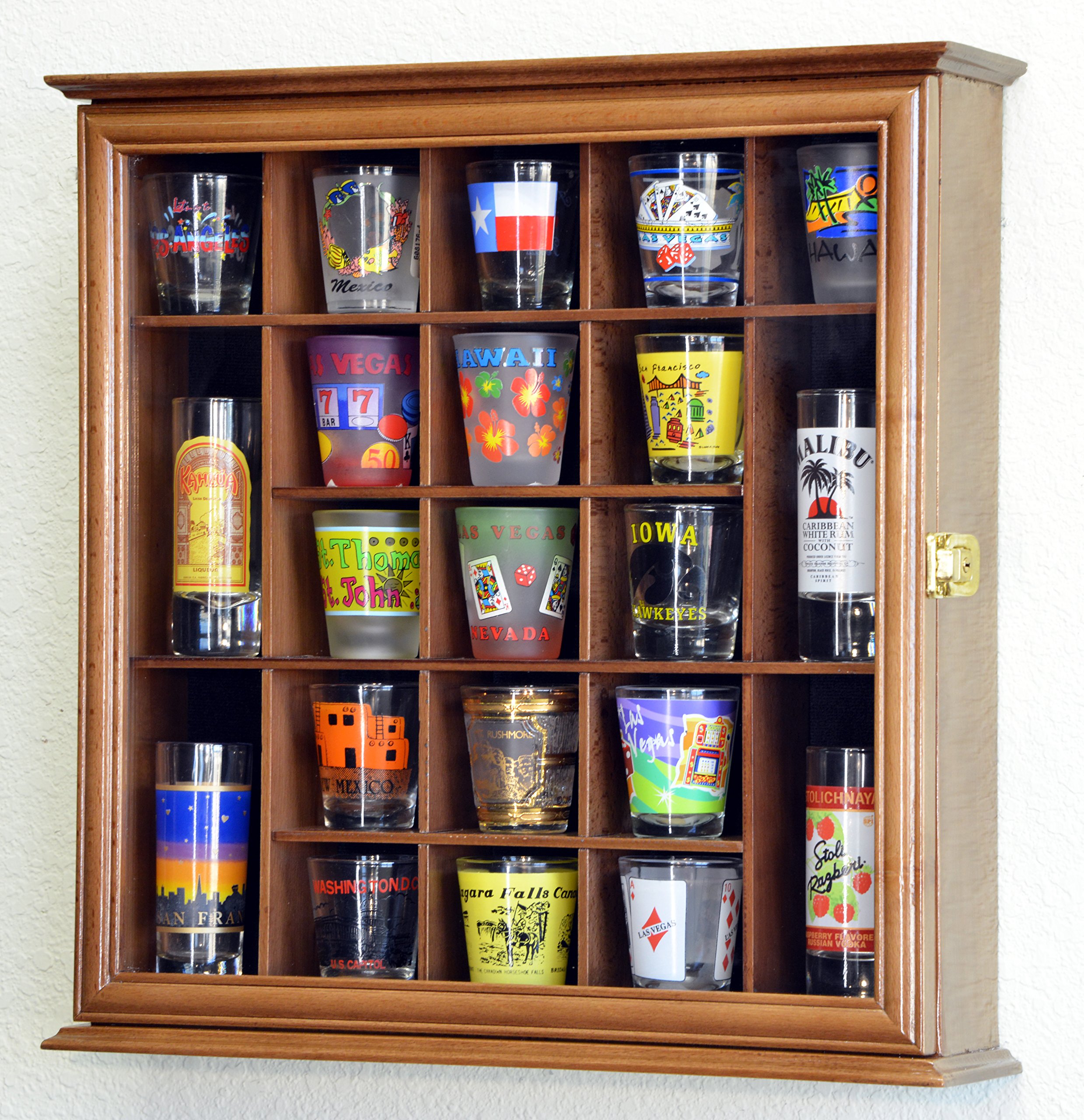 21 Shot Glass Shotglass Shooter Display Case Holder Cabinet Wall Rack 98% UV Lockable -Walnut