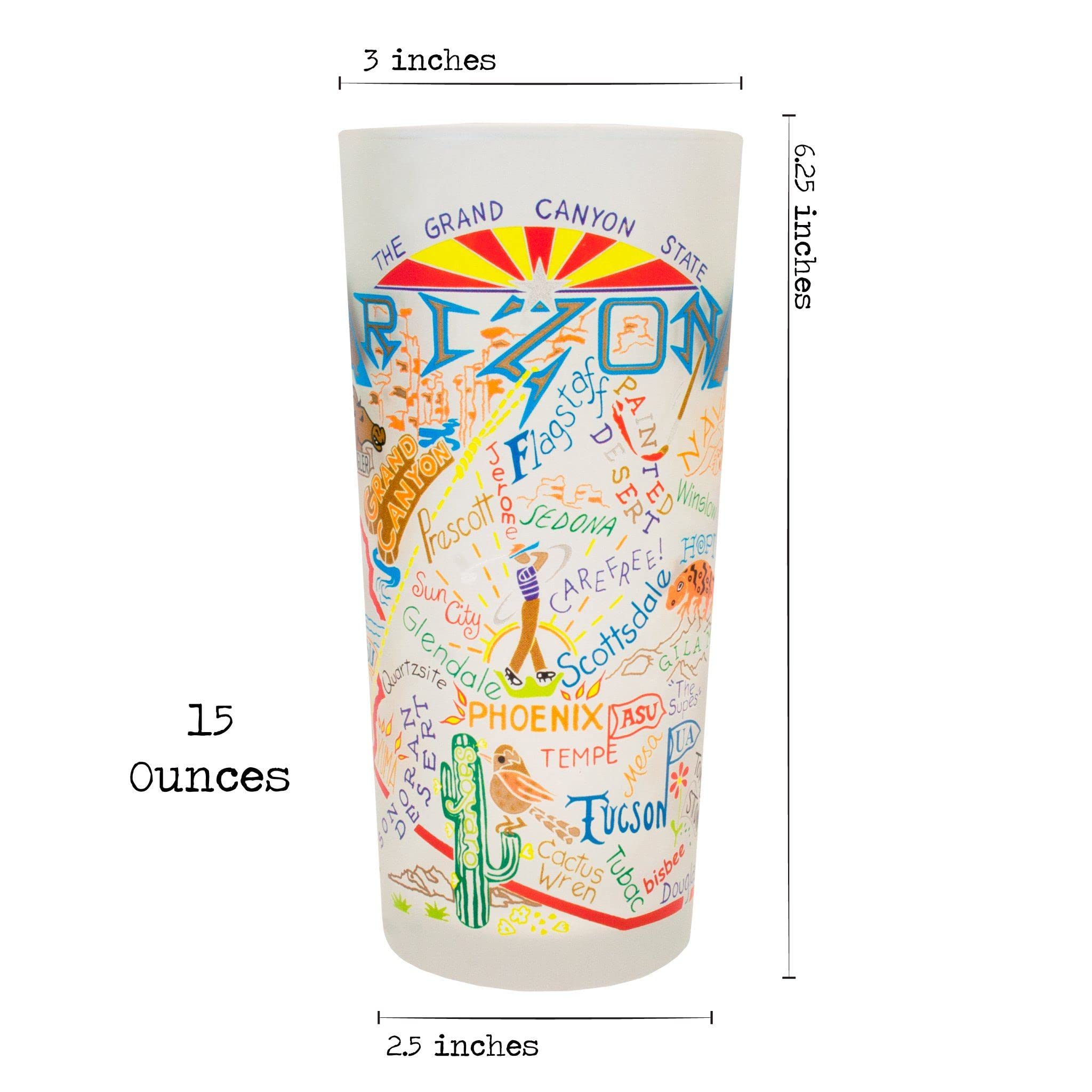 Catstudio Drinking Glass, Arizona Frosted Glass Cup for Kitchen, Bar Glass Drinking Glasses, Everyday Drinking Cup or Cocktail Glass, 15oz Dishwasher Safe Glass Tumbler for Arizona Lovers