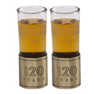 harley-davidson 120th anniversary tooled metal base shot glass, limited edition