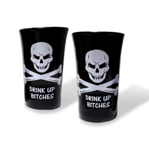 Jolly Roger Funny Pirate Shot Glasses Black with Skull and Crossbones (Drink Up Bs 2 Pack)