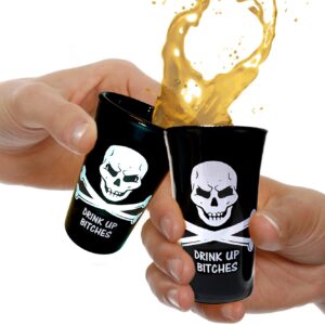 Jolly Roger Funny Pirate Shot Glasses Black with Skull and Crossbones (Drink Up Bs 2 Pack)