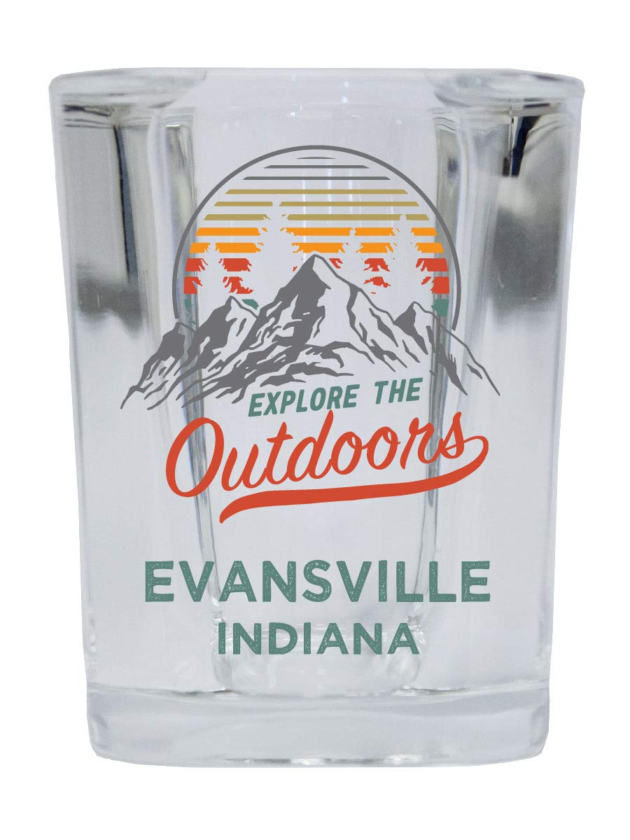 R and R Imports Evansville Indiana Explore the Outdoors Souvenir 2 Ounce Square Base Liquor Shot Glass