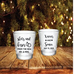 1.75oz Personalized Glass Shot Glass Favors "shots and kisses" use for Wedding, Engagement, After Party, Bridal Shower or your Rehearsal Dinner !