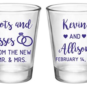 1.75oz Personalized Glass Shot Glass Favors "shots and kisses" use for Wedding, Engagement, After Party, Bridal Shower or your Rehearsal Dinner !