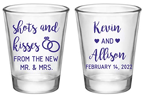 1.75oz Personalized Glass Shot Glass Favors "shots and kisses" use for Wedding, Engagement, After Party, Bridal Shower or your Rehearsal Dinner !