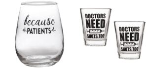 artisan owl because patients large 17oz wine glass and doctors need shots too (2) shot glasses bundle