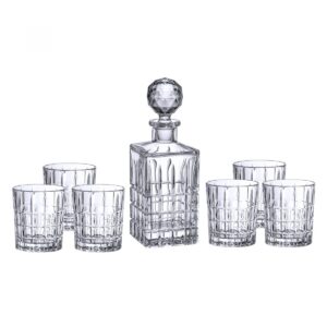 BOHEMIAN CRYSTAL GLASS SET 1+6 DECANTER 23oz./700ml. + TUMBLERS 10oz./300ml. WHISKEY VODKA LIQUEUR JUICE VINTAGE ''Diplomat'' DESIGN ELEGANT CENTERPIECE Set-7 Pcs CLASSIC CZECH CRYSTAL GLASS