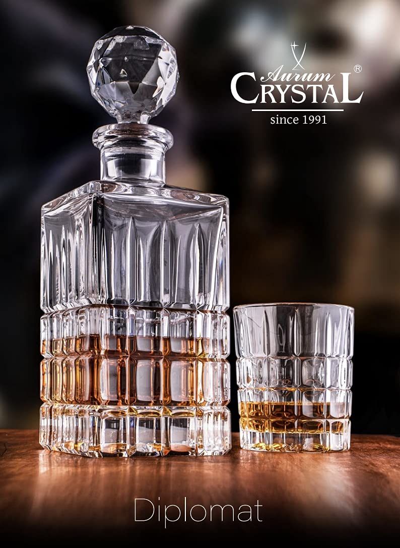 BOHEMIAN CRYSTAL GLASS SET 1+6 DECANTER 23oz./700ml. + TUMBLERS 10oz./300ml. WHISKEY VODKA LIQUEUR JUICE VINTAGE ''Diplomat'' DESIGN ELEGANT CENTERPIECE Set-7 Pcs CLASSIC CZECH CRYSTAL GLASS