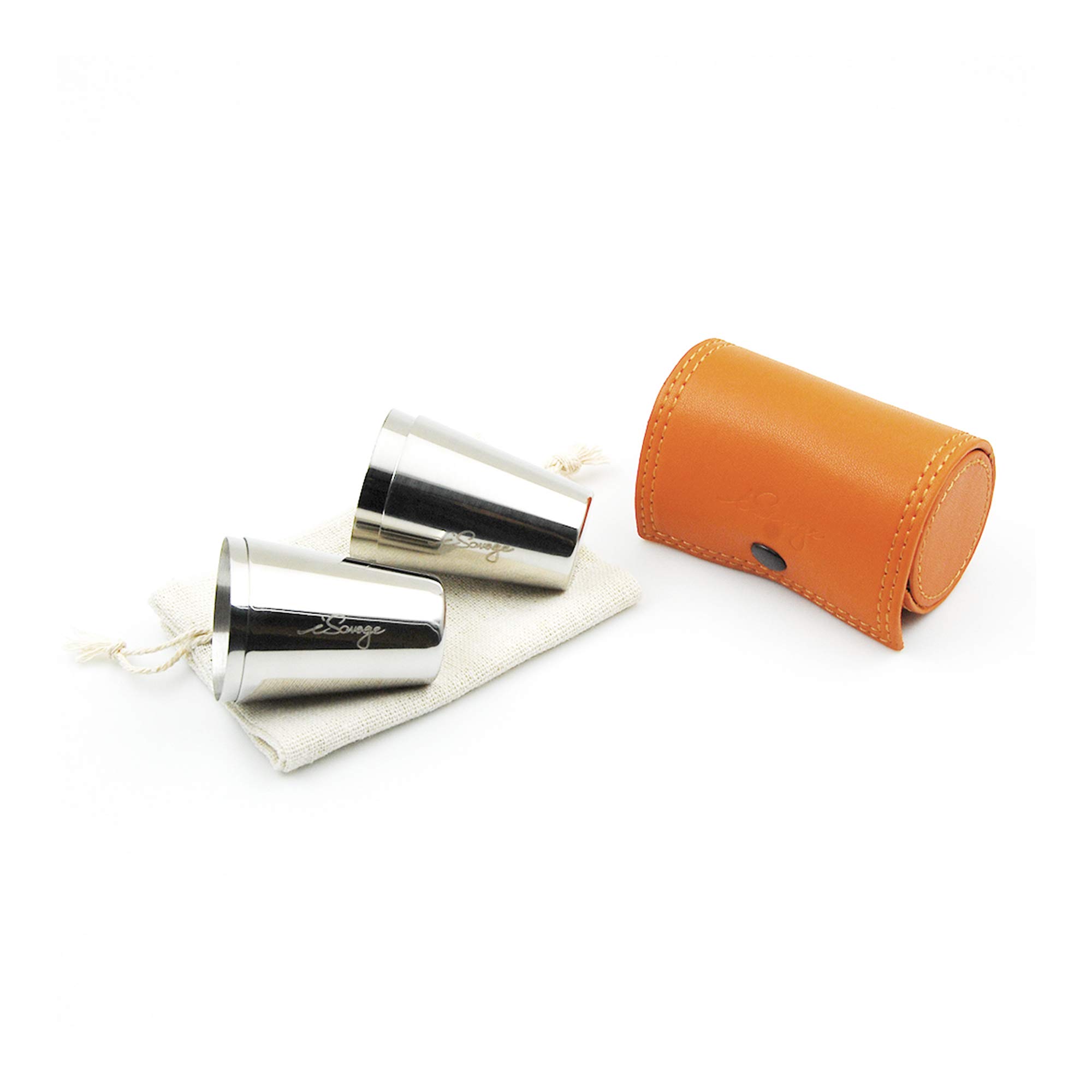 iSavage Shot Glasses with Orange Leather Case 1.2oz Each Set of 4 18/8 Stainless Steel, 1pc Reusable Bag-YM206