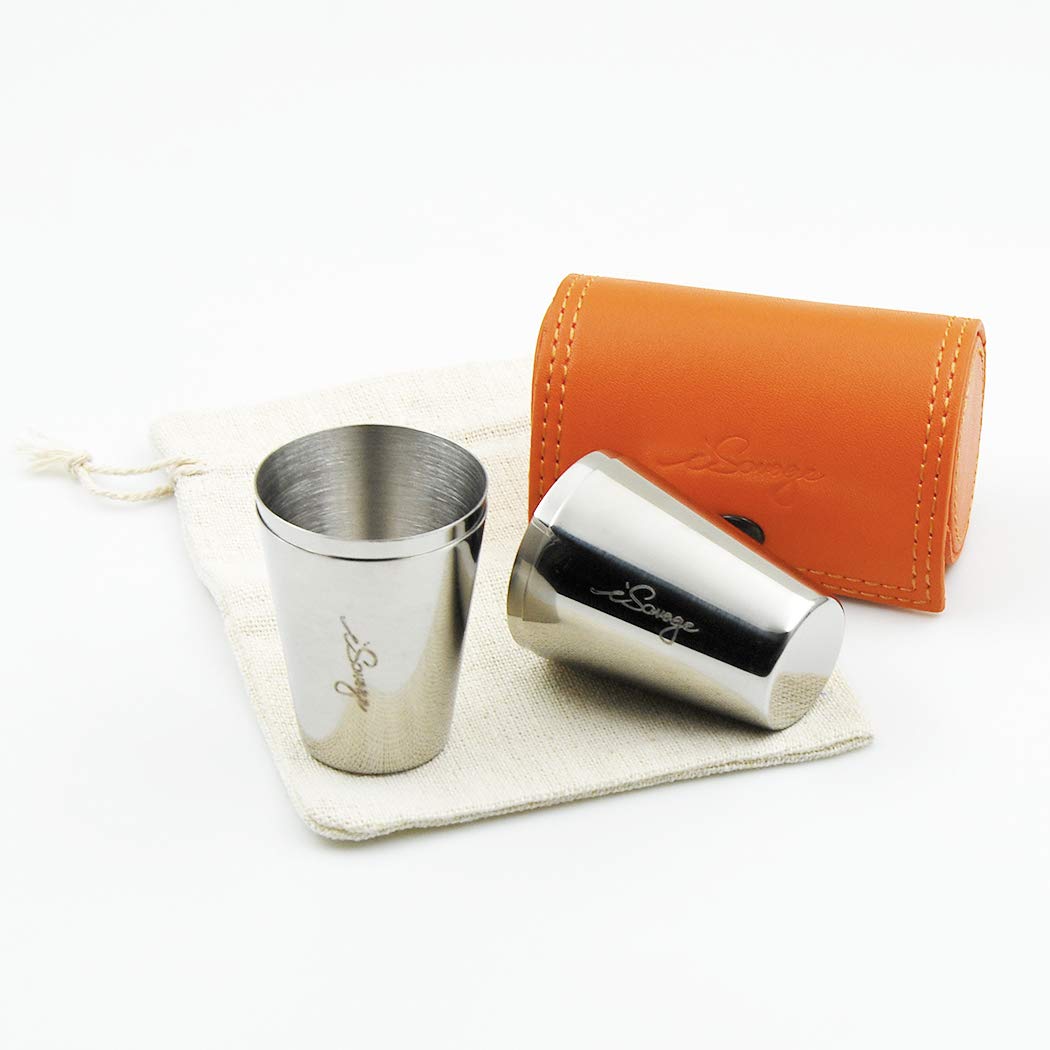 iSavage Shot Glasses with Orange Leather Case 1.2oz Each Set of 4 18/8 Stainless Steel, 1pc Reusable Bag-YM206