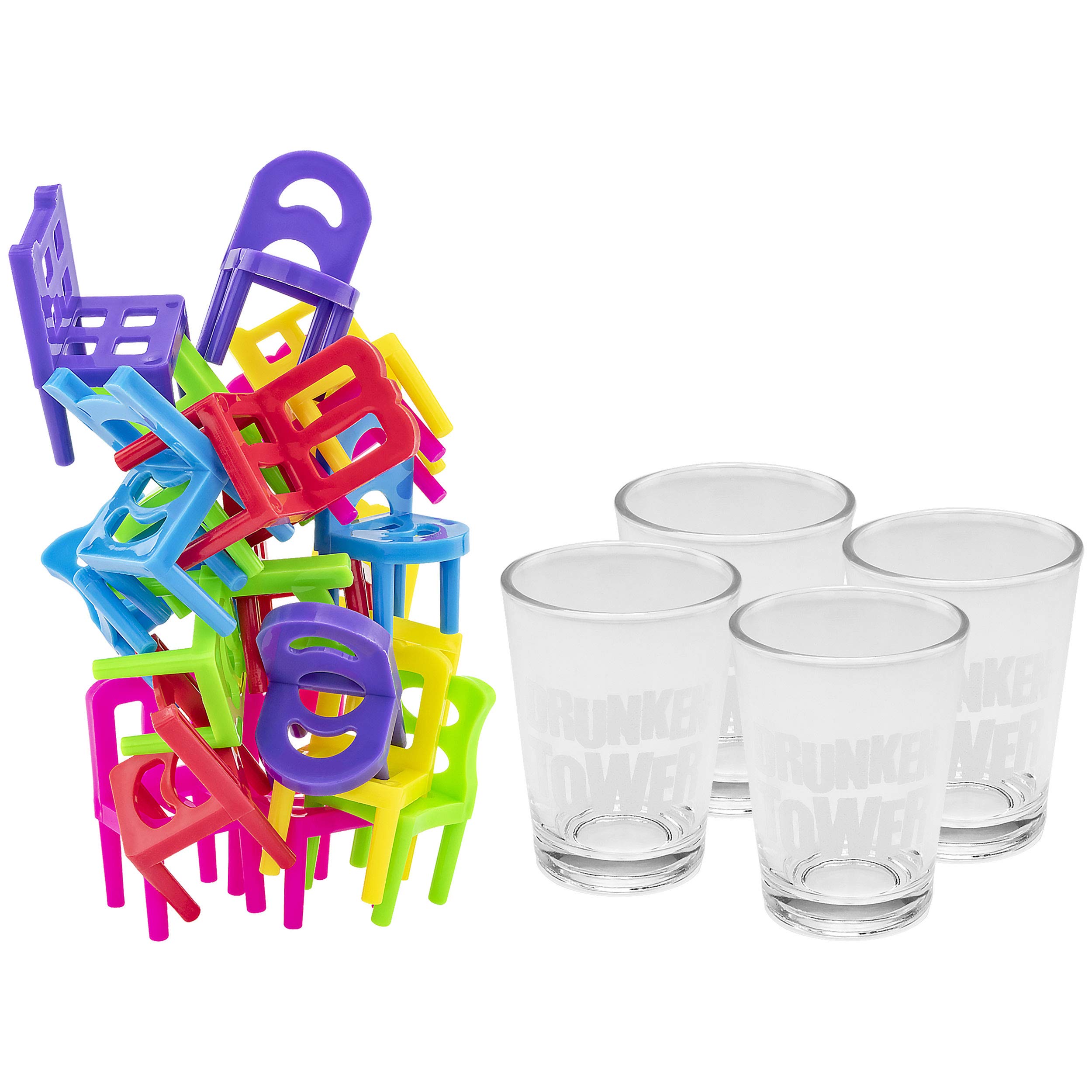 Fairly Odd Novelties Drunken Balance Stacking Drinking Game Includes 4 Shot Glasses 18 Chairs, 2oz, Clear (FON-10247)