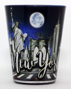 new york night skyline and landmarks collage shot glass