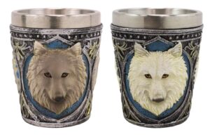 ebros pack of 2 full moon mythical animal spirit gray and white alpha wolf themed 2-ounce shot glass resin housing with stainless steel liners wolves or timberwolves themed souvenirs favors