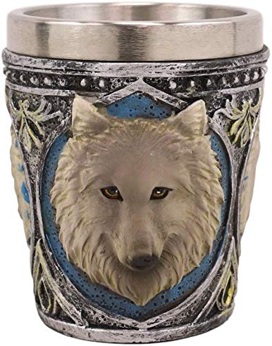 Ebros Pack Of 2 Full Moon Mythical Animal Spirit Gray And White Alpha Wolf Themed 2-Ounce Shot Glass Resin Housing With Stainless Steel Liners Wolves or Timberwolves Themed Souvenirs Favors