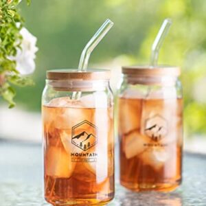 Mountain Drinks Drinking Glasses - 2 Pack Strong Borosilicate Libby Glasses - Bamboo Lids, Glass Straws - 16oz Can Shaped Glass for Beer, Iced Coffee, Water, or Gifts