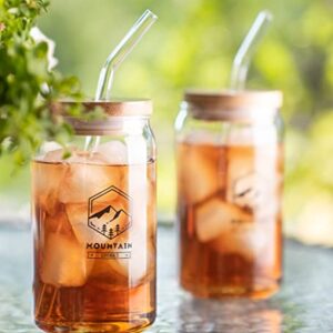 Mountain Drinks Drinking Glasses - 2 Pack Strong Borosilicate Libby Glasses - Bamboo Lids, Glass Straws - 16oz Can Shaped Glass for Beer, Iced Coffee, Water, or Gifts