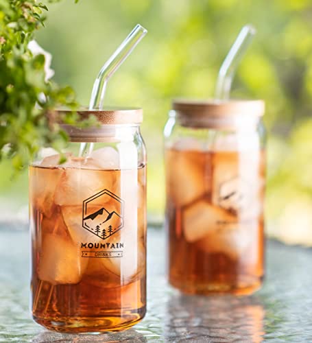 Mountain Drinks Drinking Glasses - 2 Pack Strong Borosilicate Libby Glasses - Bamboo Lids, Glass Straws - 16oz Can Shaped Glass for Beer, Iced Coffee, Water, or Gifts