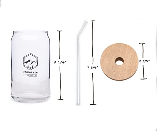 Mountain Drinks Drinking Glasses - 2 Pack Strong Borosilicate Libby Glasses - Bamboo Lids, Glass Straws - 16oz Can Shaped Glass for Beer, Iced Coffee, Water, or Gifts