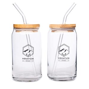 Mountain Drinks Drinking Glasses - 2 Pack Strong Borosilicate Libby Glasses - Bamboo Lids, Glass Straws - 16oz Can Shaped Glass for Beer, Iced Coffee, Water, or Gifts