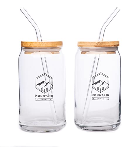 Mountain Drinks Drinking Glasses - 2 Pack Strong Borosilicate Libby Glasses - Bamboo Lids, Glass Straws - 16oz Can Shaped Glass for Beer, Iced Coffee, Water, or Gifts