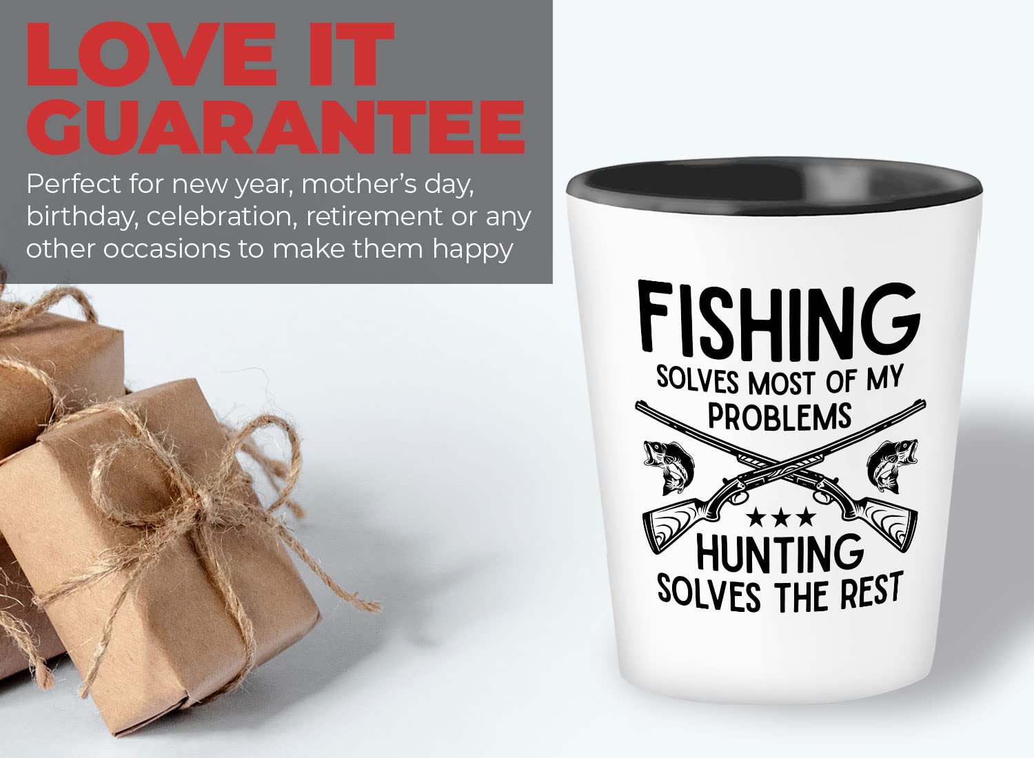 Bubble Hugs Hunting Lover Shot Glass 1.5oz - fishing solves most - Hunter Dad, Hunter Grandpa, Fisherman, Deer Lover, Bucks, Deer Horns, Duck Hunting, Fishing Shot Glass Dad Shot Glasses