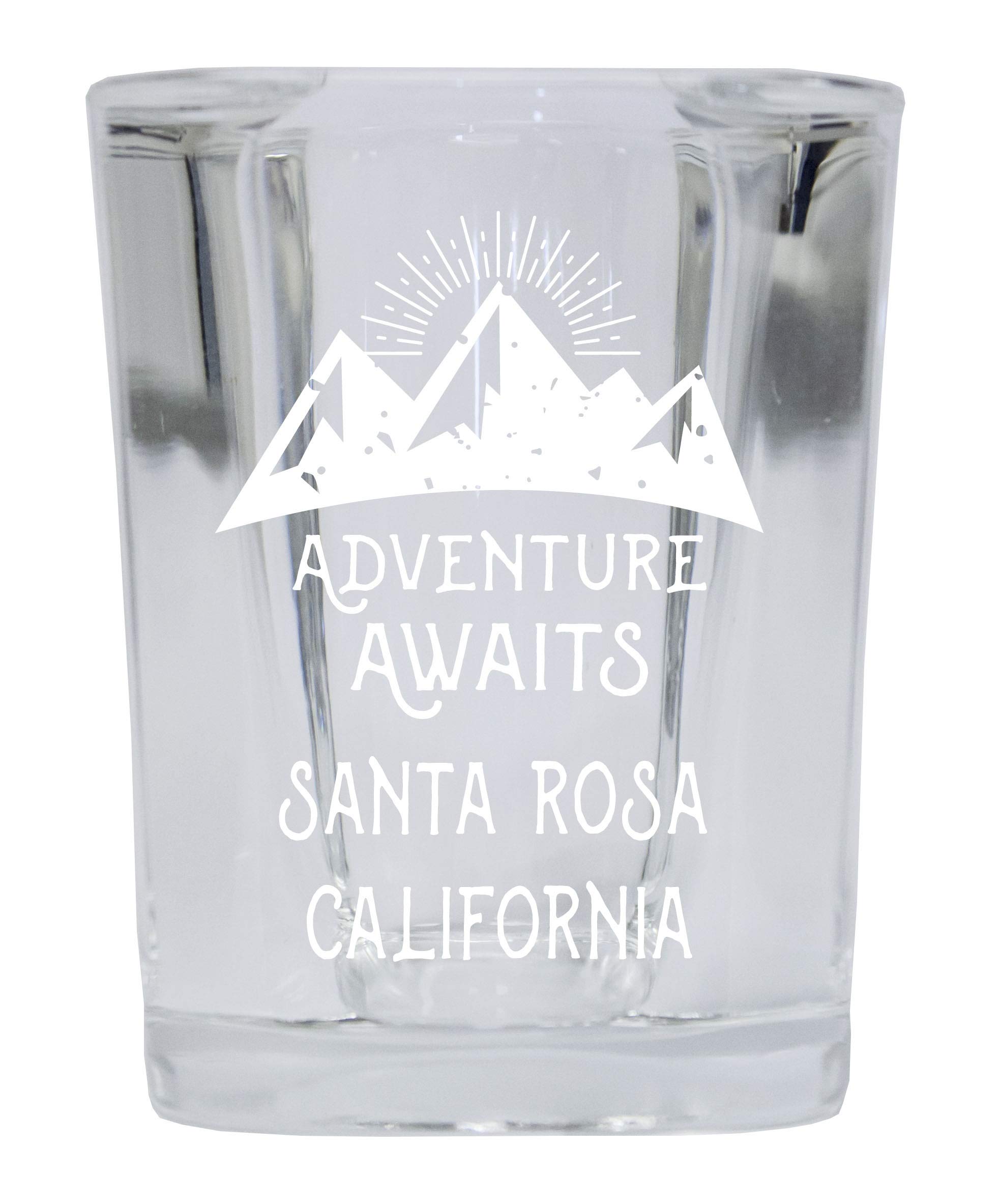 R and R Imports Santa Rosa California Souvenir Laser Engraved 2 Ounce Square Base Liquor Shot Glass Adventure Awaits Design