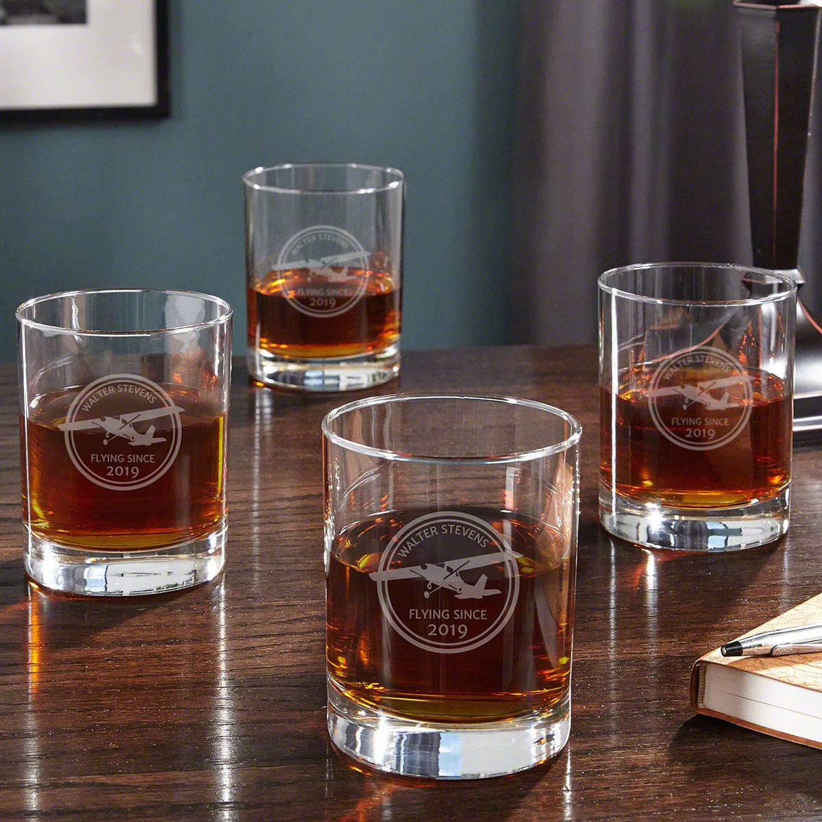 HomeWetBar Personalized Gifts for Pilots Whiskey Glass Set of 4