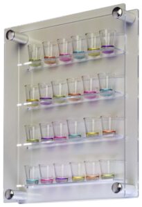 24 shot glass display case holder, side loading, transparent acrylic with 4 shelves, includes silver standoffs for wall mounting