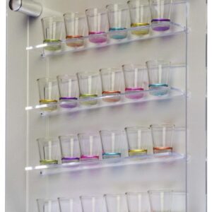 24 Shot Glass Display Case Holder, Side Loading, Transparent Acrylic with 4 Shelves, Includes Silver Standoffs for Wall Mounting