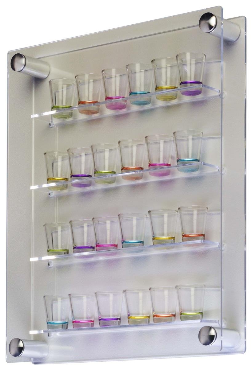 24 Shot Glass Display Case Holder, Side Loading, Transparent Acrylic with 4 Shelves, Includes Silver Standoffs for Wall Mounting