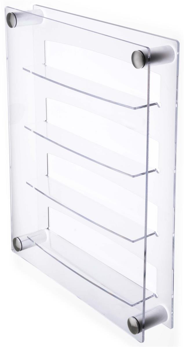 24 Shot Glass Display Case Holder, Side Loading, Transparent Acrylic with 4 Shelves, Includes Silver Standoffs for Wall Mounting