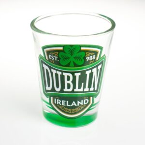 loose shot glass with dublin, ireland and green shamrock design