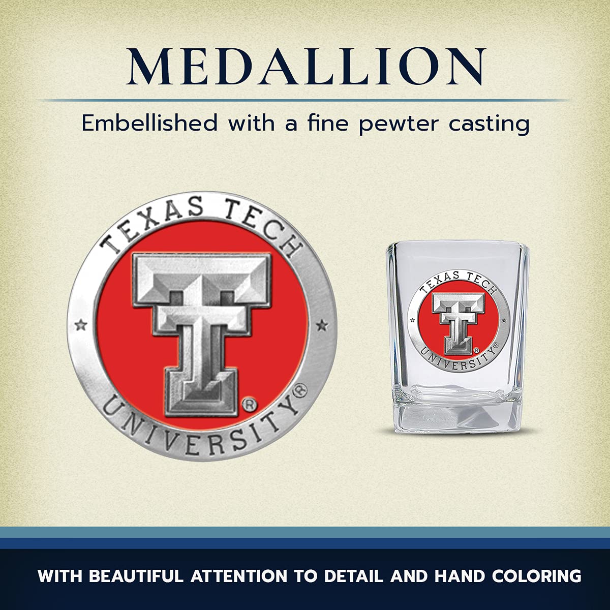 Heritage Pewter Texas Tech Square Shot Glass | Hand-Sculpted 1.5 Ounce Shot Glass | Intricately Crafted Metal Pewter Alma Mater Inlay