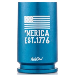lucky shot 30mm gauge shot glass 2.7 oz. |'merica flag est. 1776 |aluminum warthog a-10 round | for whiskey, tequila, vodka | made in usa (blue)