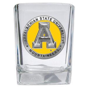 heritage pewter appalachian state university square shot glass | hand-sculpted 1.5 ounce shot glass | intricately crafted metal pewter alma mater inlay