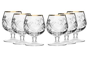 set of 6 russian cut crystal stemmed snifter goblet for cognac scotch whiskey, 24k gold rimmed 7 oz. glass, vodka liquor old-fashioned glassware, hand made
