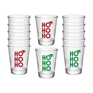 ho ho ho - 6 red and 6 green christmas shot glasses - set of 12 glass party shot cups with double-sided prints - holiday cocktail glasses for drinking liquor, tequila, vodka