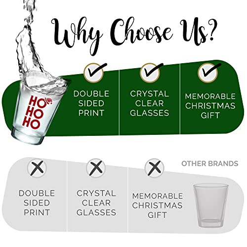 Ho Ho Ho - 6 Red and 6 Green Christmas Shot Glasses - Set of 12 Glass Party Shot Cups with Double-Sided Prints - Holiday Cocktail Glasses for Drinking Liquor, Tequila, Vodka