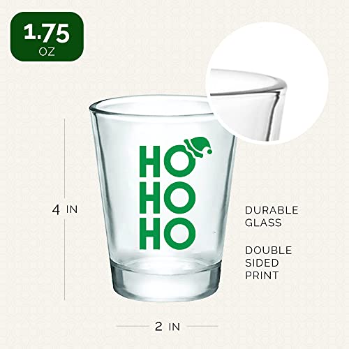 Ho Ho Ho - 6 Red and 6 Green Christmas Shot Glasses - Set of 12 Glass Party Shot Cups with Double-Sided Prints - Holiday Cocktail Glasses for Drinking Liquor, Tequila, Vodka