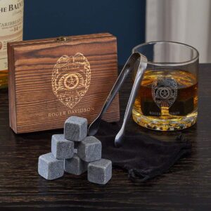 police badge engraved rocks glass & chilling stones whiskey gift set (personalized product)