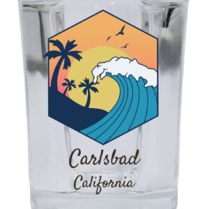 R and R Imports Carlsbad California Souvenir 2 Ounce Square Base Shot Glass Wave Design Single